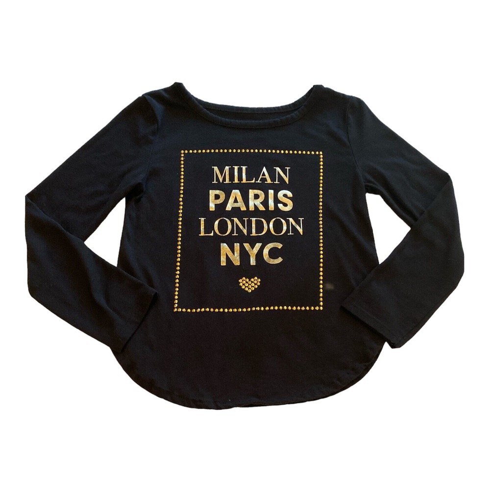 Childrens Place Girls Metallic Gold Lettered Studded Black Top Size Small